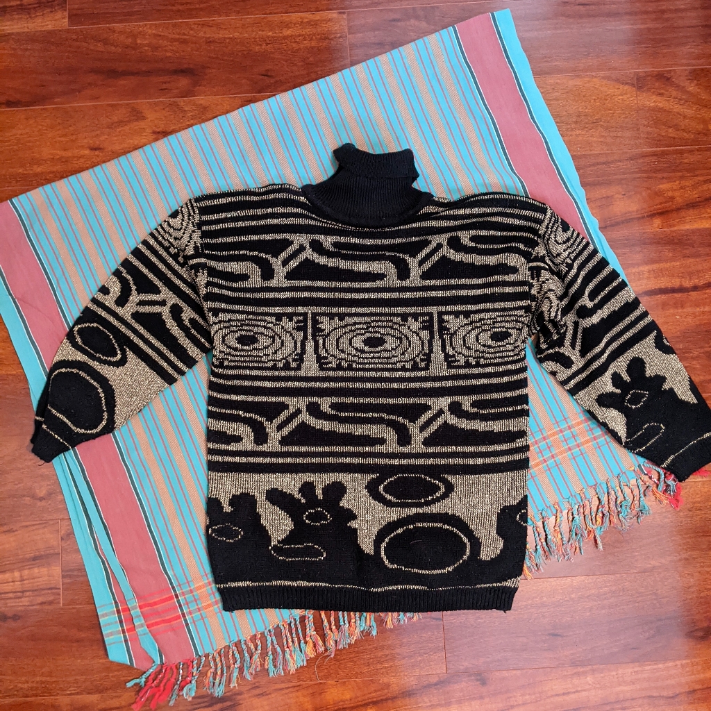 3/$12vintage Black & Gold Sweater - Size S/M